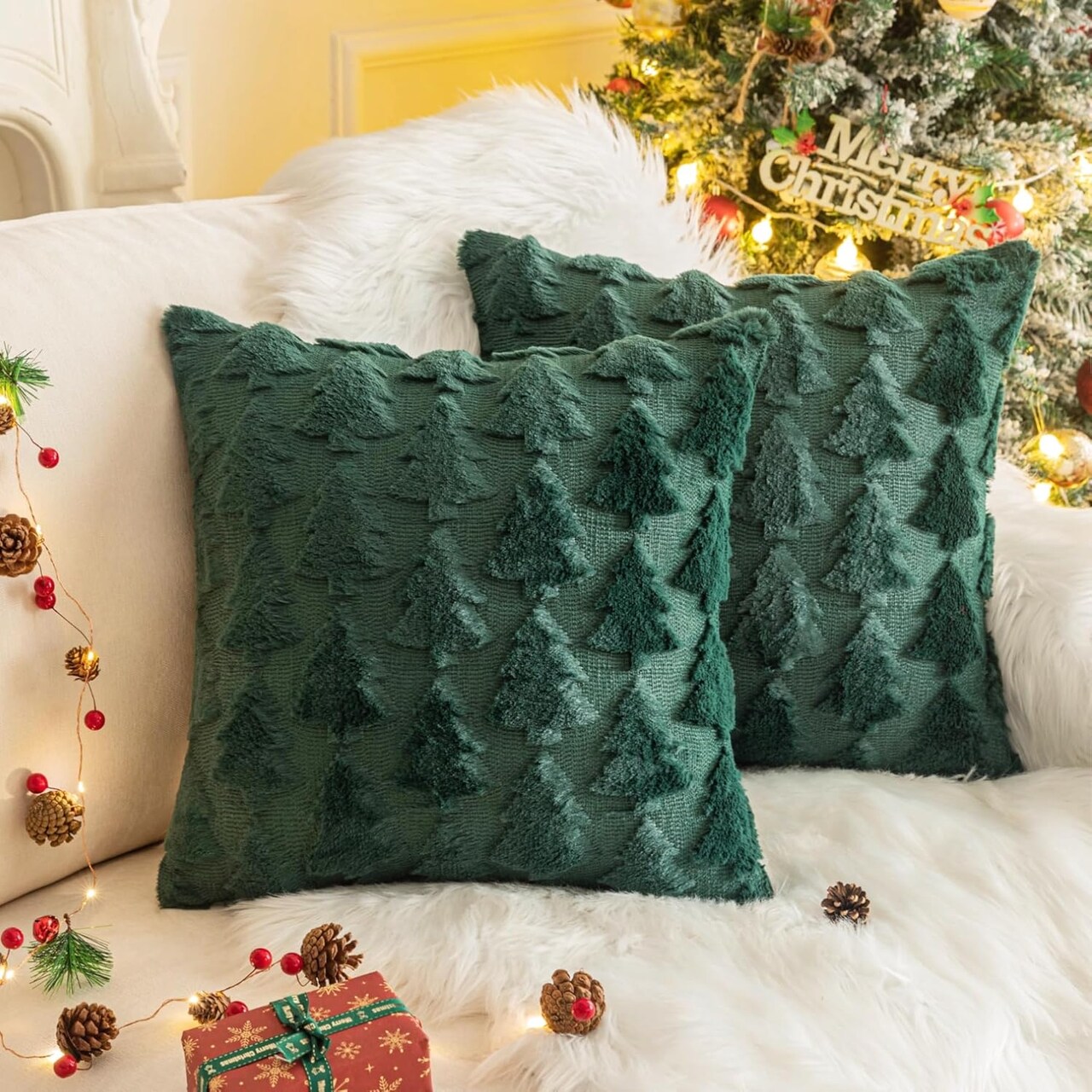 Set of 2 Christmas Tree Green Throw Pillow Covers 18x18 Inch, Soft Faux Fur Decorative Xmas Cushions for Couch, Sofa, Holiday & Winter Home Décor